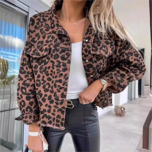 Leopard Denim Jacket For Women New Fashionable And Trendy Style Female Jacket .  S-XL
