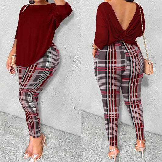 Women Two-Piece Plus Size Long Sleeves Top Plaid Print Pant Set