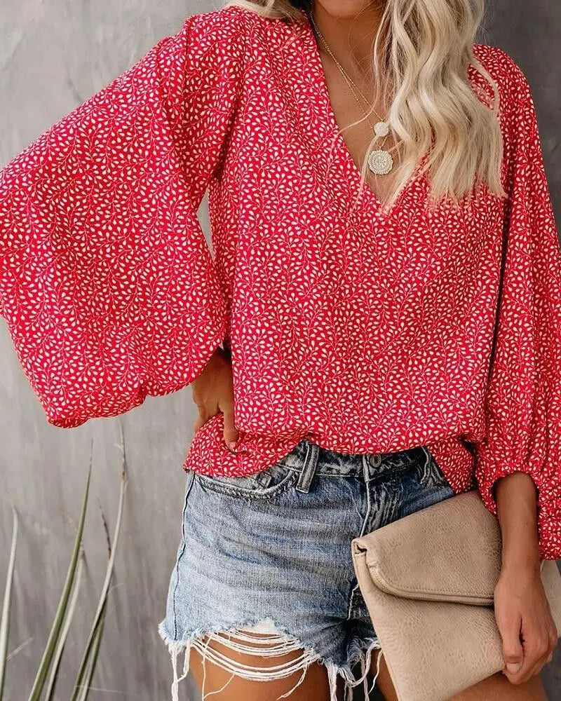 New European V-neck Printed Lantern Sleeve Top.  S-3X