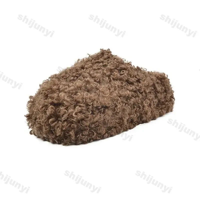 Thick Heel Luxury Lambwool Mules 2025 Winter Shoes Woman Flip Flops Flat Cover Toe Slides Ins Warm Curly Lamb Fur Slippers Women