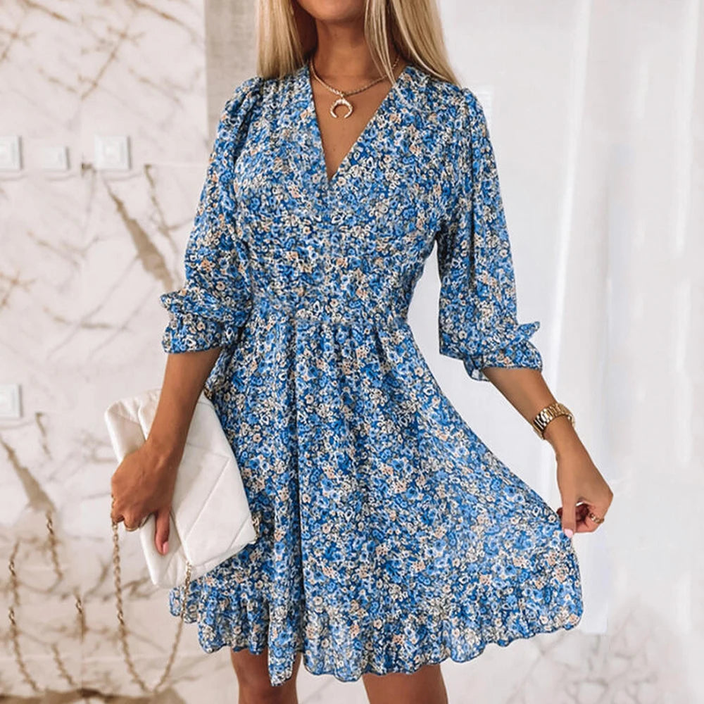 Bohemian Flower Dress V Neck Floral Print Pullover Style Summer Dress.  S-3XL