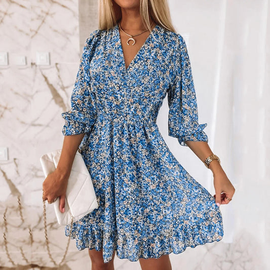 Bohemian Flower Dress V Neck Floral Print Pullover Style Summer Dress.  S-3XL