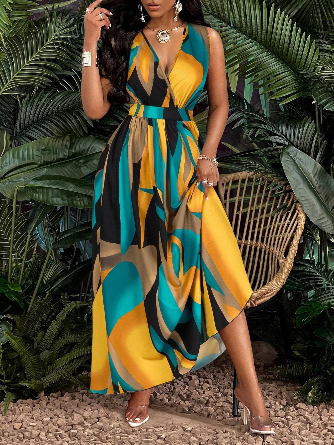 Tropical Print V-Neck, Waist Section Cable Knit Fit And Flare Maxi Dress.  S-2X