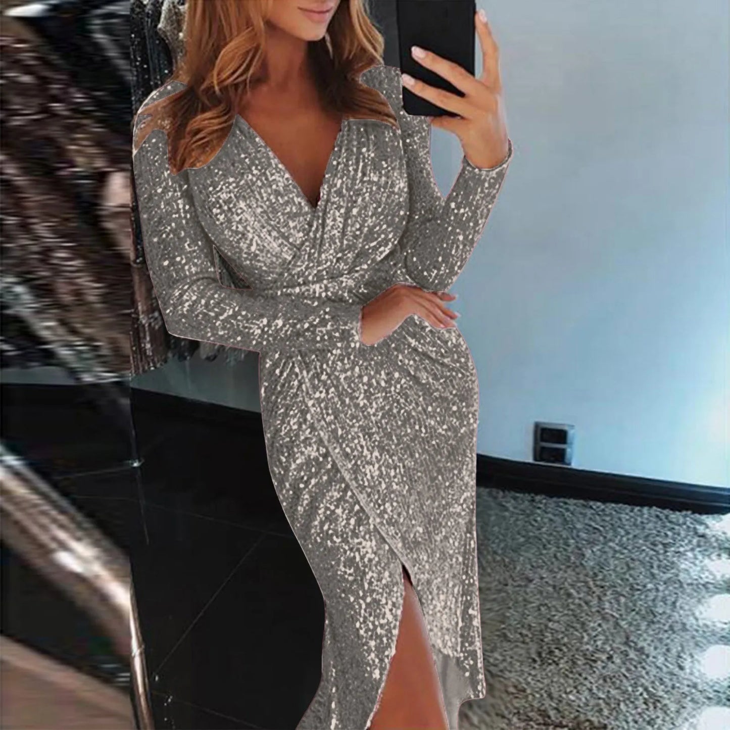 Womens Party Dresses Sexy Deep V Sequins Ruched Long Sleeved Formal Dress.  S-2X