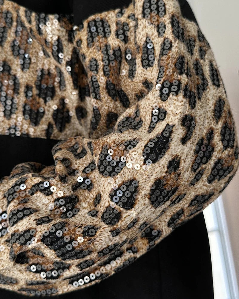 Women’s Turn-down Collar Jackets Contrast Leopard Sequin Patchwork Long Sleeve Jacket/ Top Button Front Raw Hem Shacket