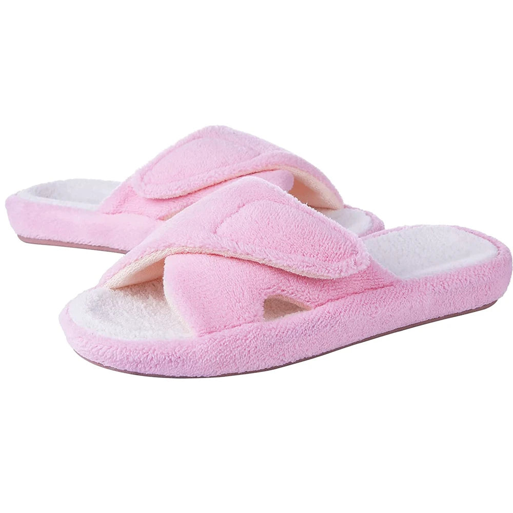 Comwarm Waffle Indoor Cotton Slippers For Women Open Toe Anti-Slip Home Slippers Four Seasons Flat with Arch Support.