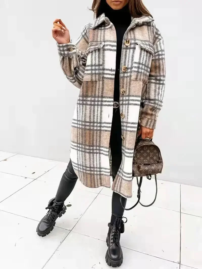 Jacket Spring and Autumn Jacket Women's Plaid Polished Long Sleeve And Pockets Outerwear.  S-2x