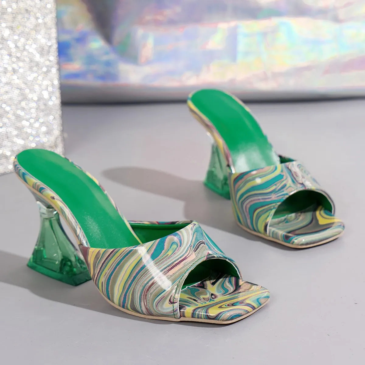 Women Heels New Summer Mix Colour Sandals Open Squared Toe Transparent Fashion Sandals