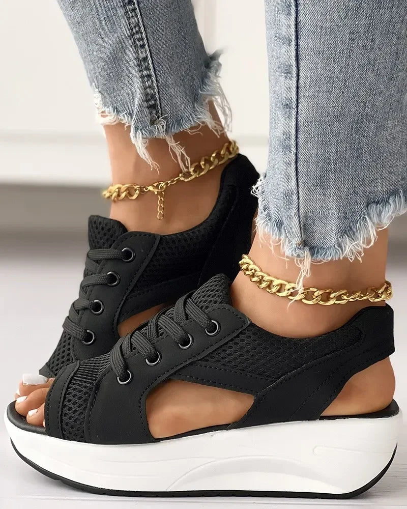 Summer Casual Comfortable Toe Contrast Cutout Lace-up Platform Sport Sandal/Sneakers