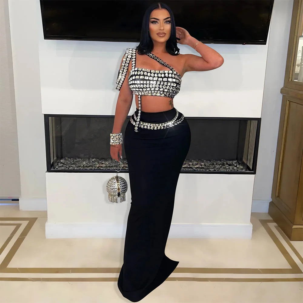Rhinestone 2 Piece Skirt Set Elegant Luxury Long Skirt Summer Outfit Crop Top Two Piece Set.  S-2x