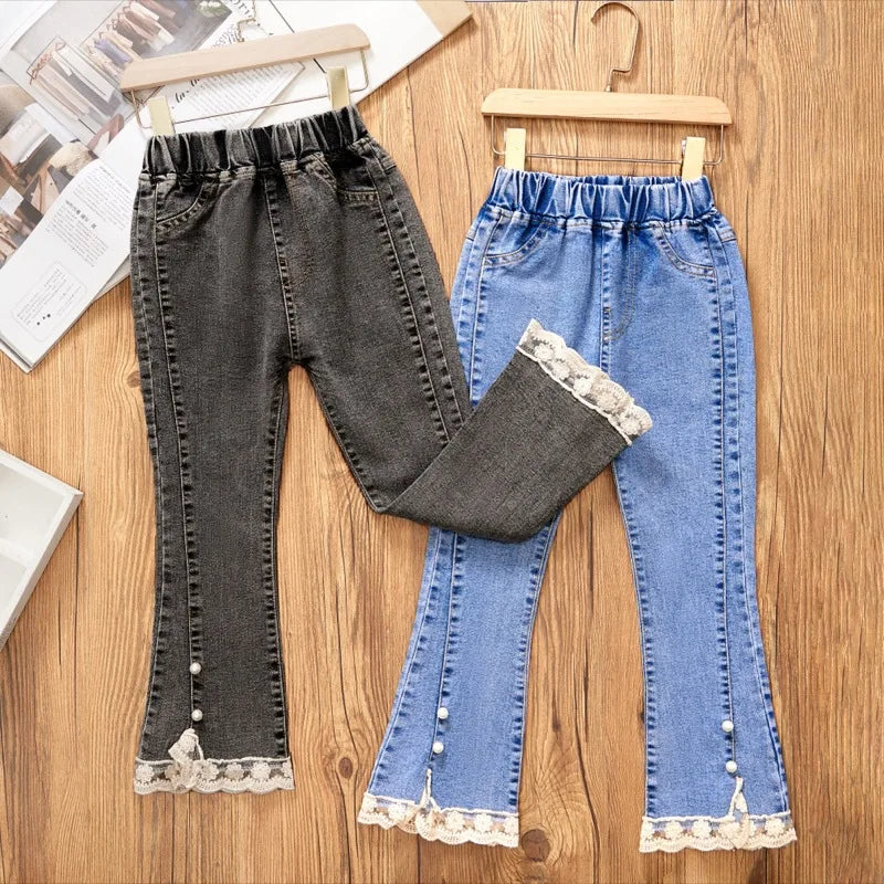 Girls' Jeans Spring and Autumn New Casual 3-12 Year Old Children's Loose Flare Pants Lace Pearl Girls' Denim Pants