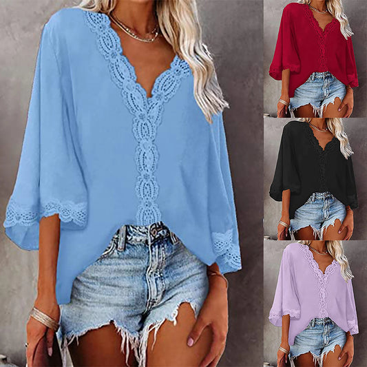 European style spring and summer new women's shirt flared sleeve V-neck loose shirt.  S-2X