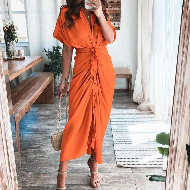 Summer Fashion Printed Short Sleeve Dress Vintage Waist Tie-up Button Bandage Long Dress.  S-3x
