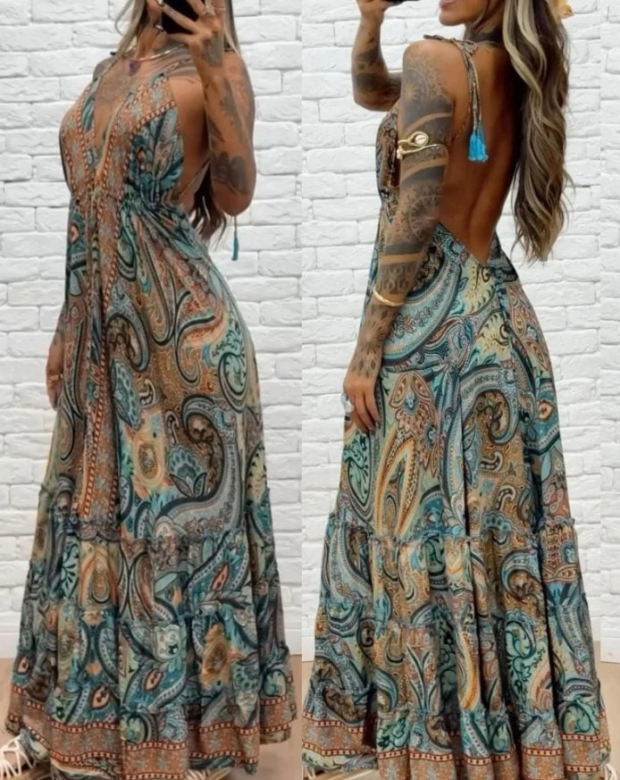 Elegant party dress women's V-neck halter strap dress high waiste A-line dress Bohemian print sexy backless casual long dress.  S-XL