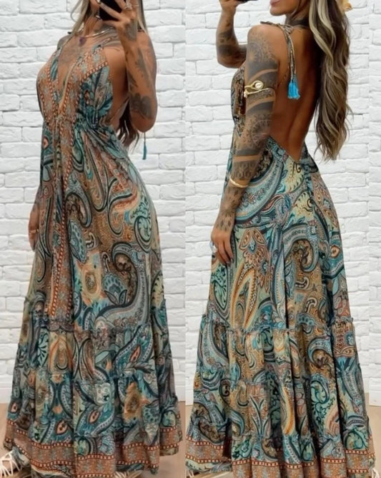 Elegant party dress women's V-neck halter strap dress high waiste A-line dress Bohemian print sexy backless casual long dress.  S-XL