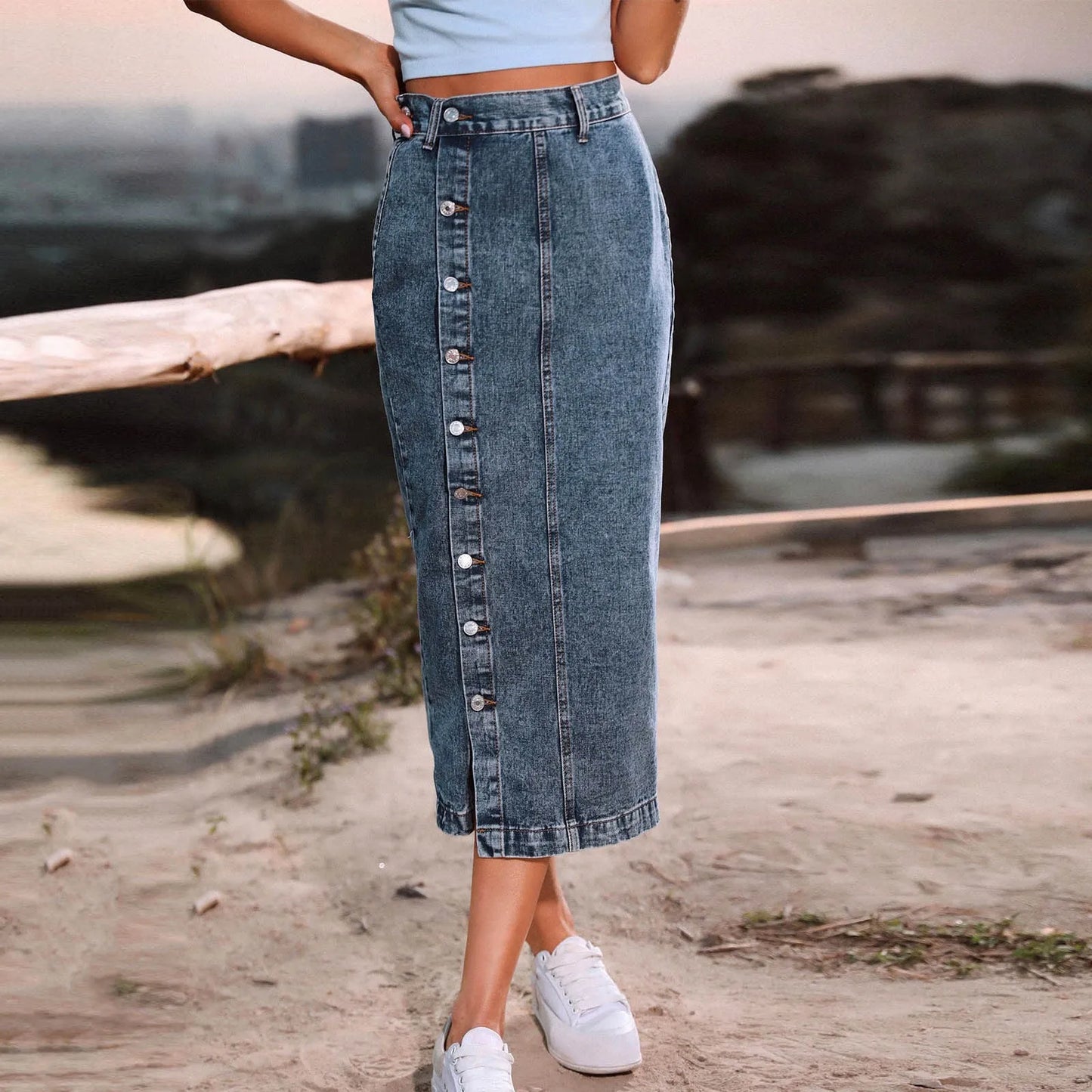 European Button Irregular Slit Denim High Waist Long Skirt