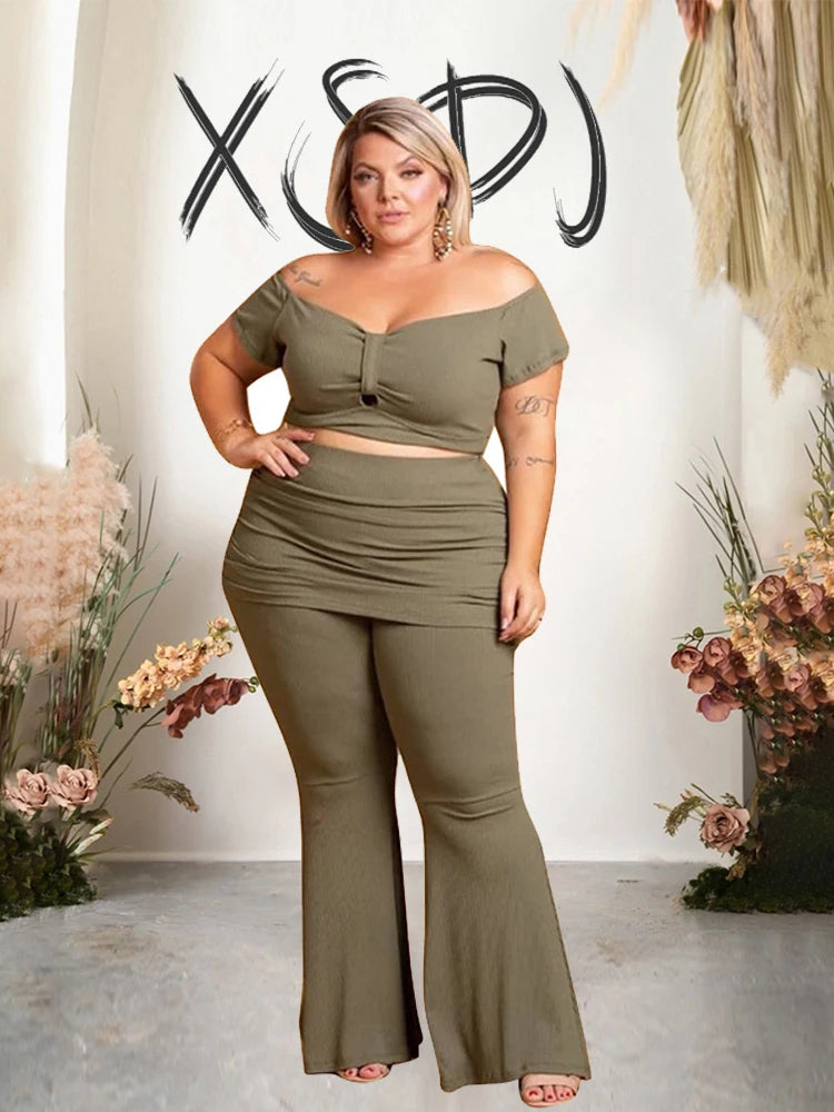 Curvy Flattering Woman's Summer Off Shoulder Top and Pants Sexy Two Piece Set Plus Size.