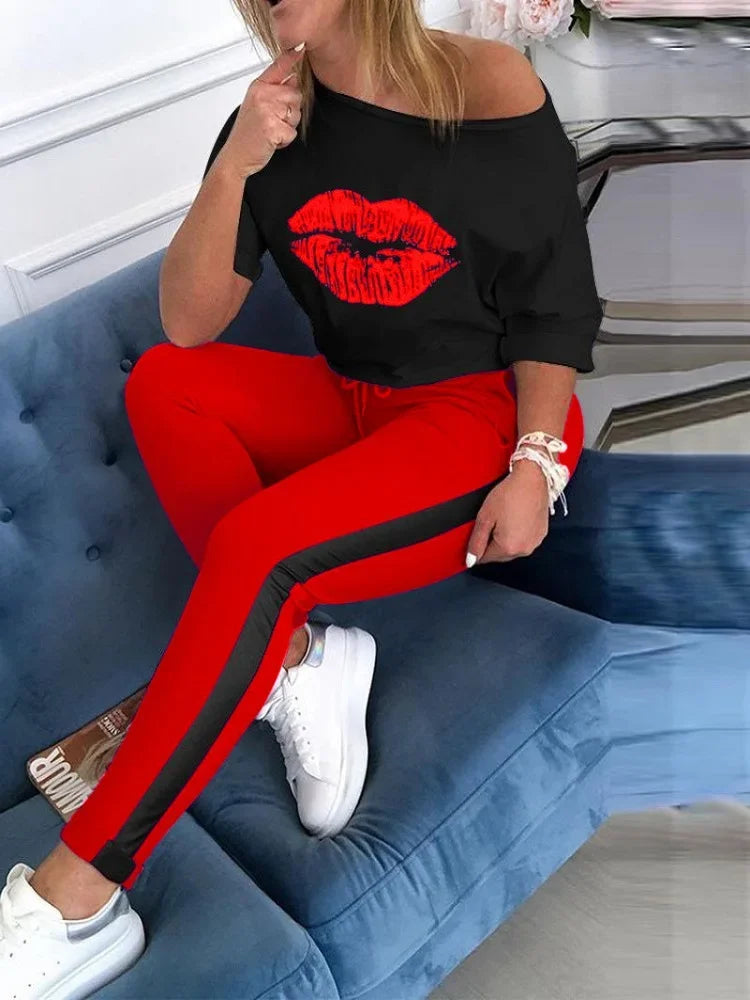 New Style Lip Print Round Neck Sports Set.  S-xl
