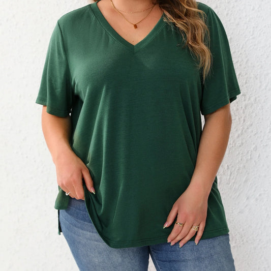 Plus Size Women T Shirt Summer V-Neck Short Sleeve Pullover Loose Tops Casual Solid Colours.