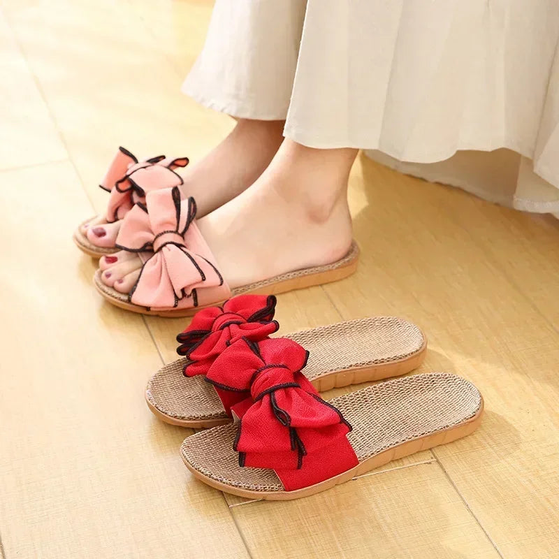 Women Summer Casual  High Quality Breathable Slides Comfortable Flax Slippers Striped Bow Linen Flip Flops.