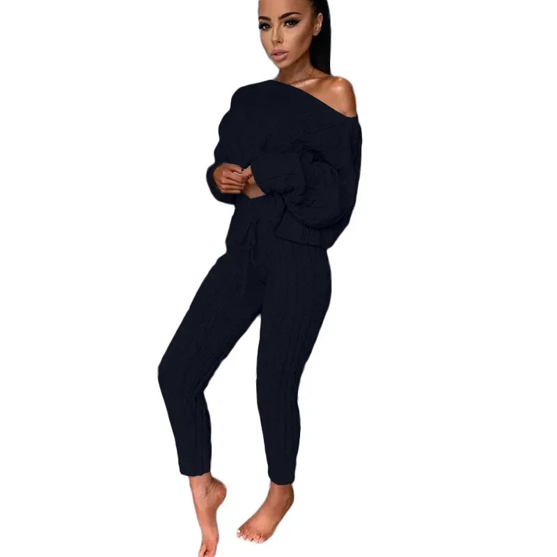 Ladies Comfy Two Piece Set Autumn and Winter Wear Pant Suit Solid Casual Knitted Sweater Set