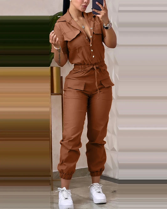 New Fashion Summer Casual Solid Colour Short Sleeved High Waist Jumpsuit.  S-XL