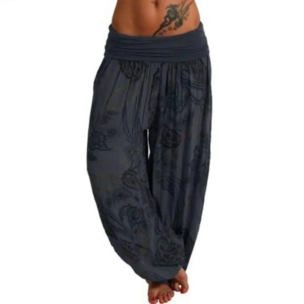 Ladies Boho Loose Pants Paisley Print High Waist Ankle Tied .