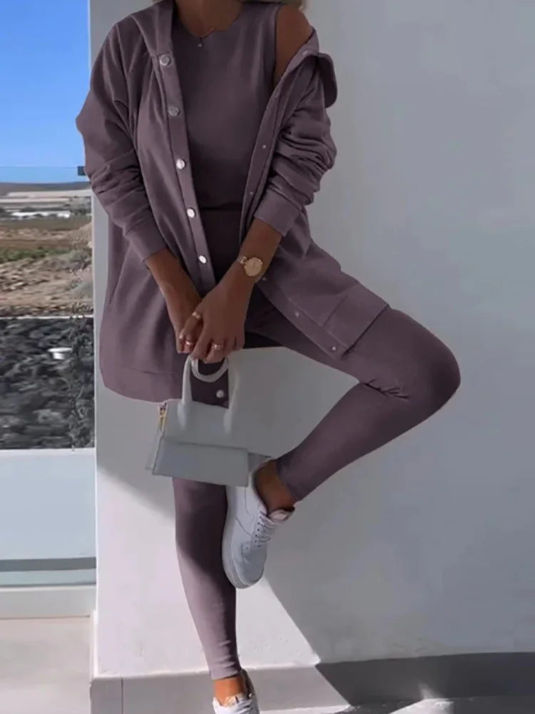 O-Neck Top Long Sweater Matching Set,Solid Three Piece Outfit, .  S-3x
