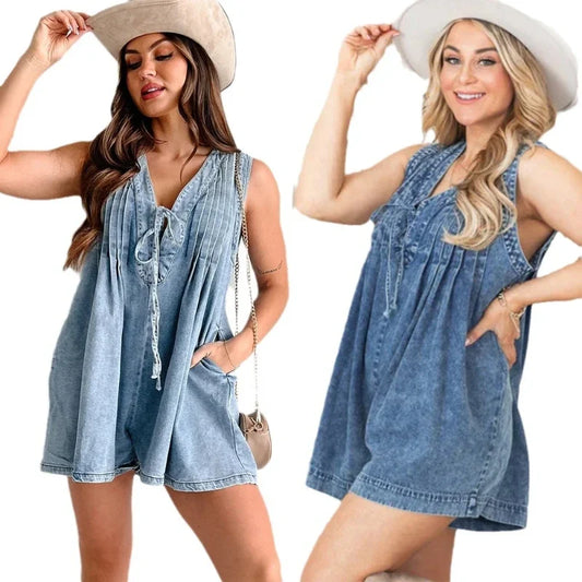 Women One Piece Denim V Neck Overalls Short Pants Casual Loose High Waist Romper 2025.  S-XL