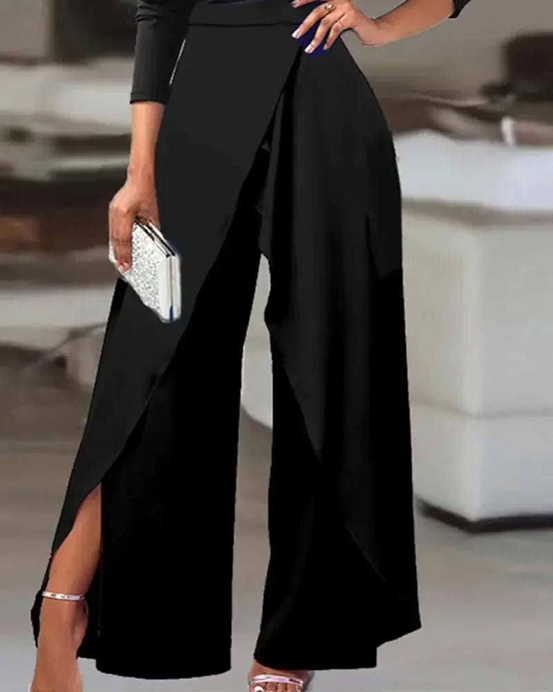 2025 Spring Jumpsuit Plain Elegant Loose Ruched One Shoulder Split Hem Wide Leg Jumpsuit.  S-XL