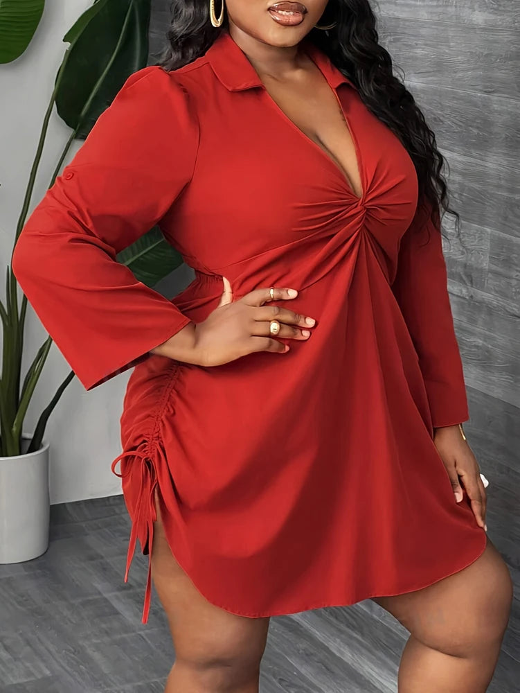 Curvy Size Long Sleeve Shirt Dress or Top, Twisted Front Waist Drawstring Casual Wear