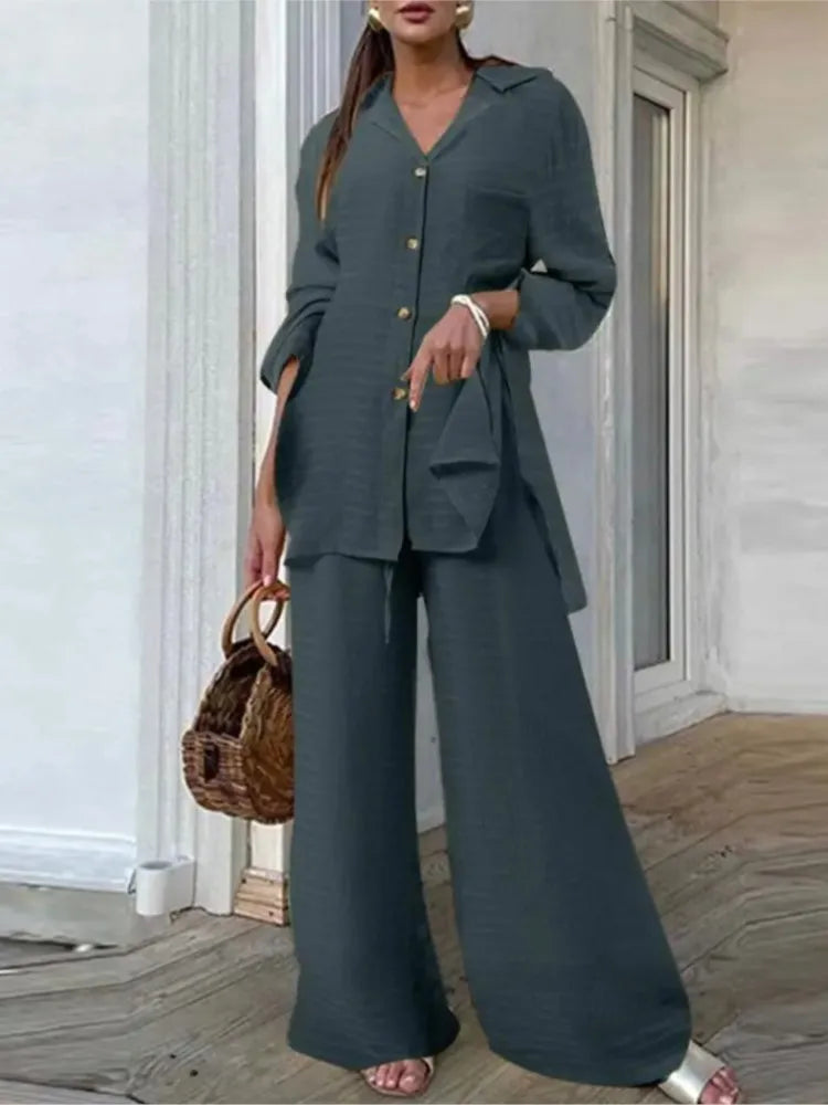 Long-sleeved V-neck Button-up Shirt + Wide-leg Pants 2 Piece Set For Women Autumn Leopard Print Loose Casual Suit.  SZ: S-3X