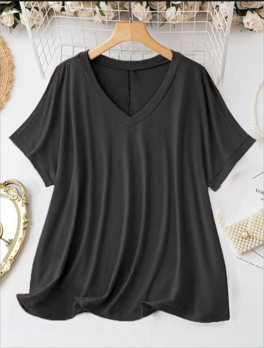 New Plus Size European Women's Casual V-neck Solid Shirt