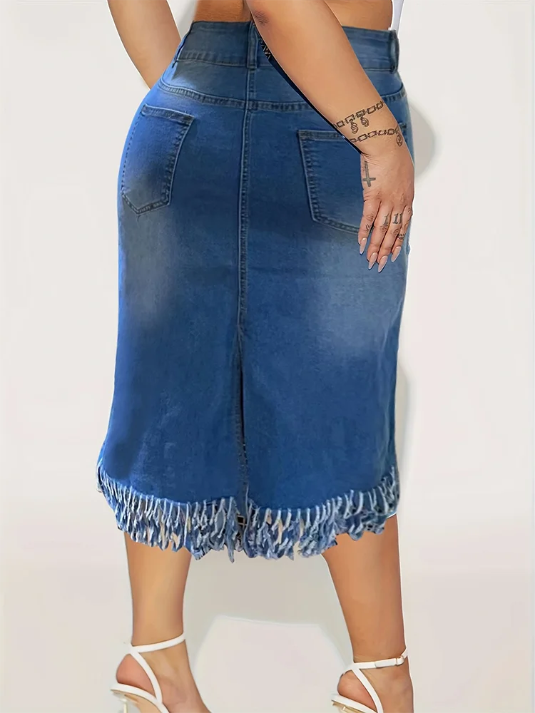 Women's Fringe Long Jean Skirts Fashion Casual Comfortable Slim Mid Waist Stretch Denim Plus Size