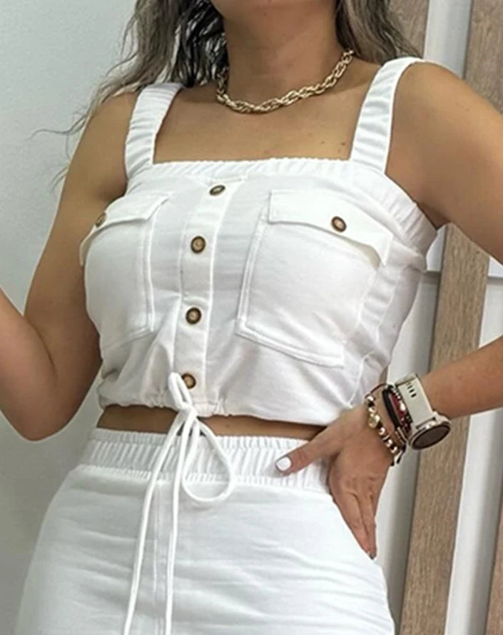 Two Piece Ladies Summer Fashion Drawstring Pocket Design Square Neck Top & Casual Slit Midi Skirt Set