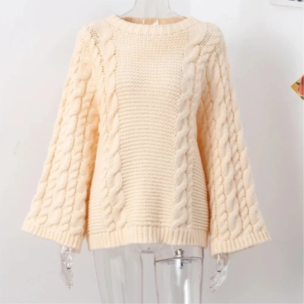 Women's Thick Line Big Twist Knitted Loose Sweater Pullover Fashion Casual Crochet Round Neck Sweaters Solid Color New Knitwear