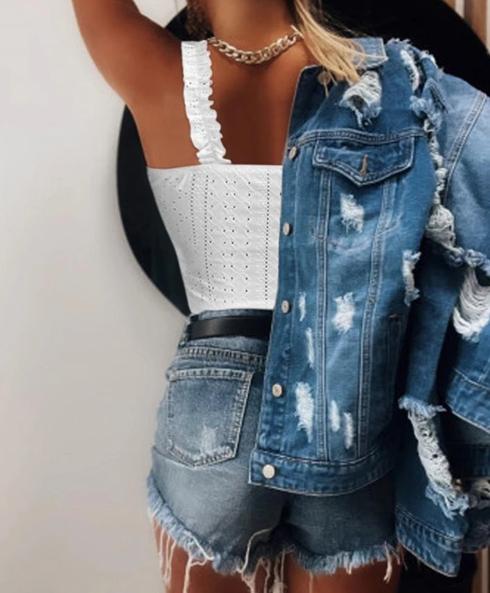 Top Women 2025 Summer Fashion Eyelet Embroidery Frill Hem Casual Square Neck Sleeveless Plain Skinny Daily Tied Detail Tank Top