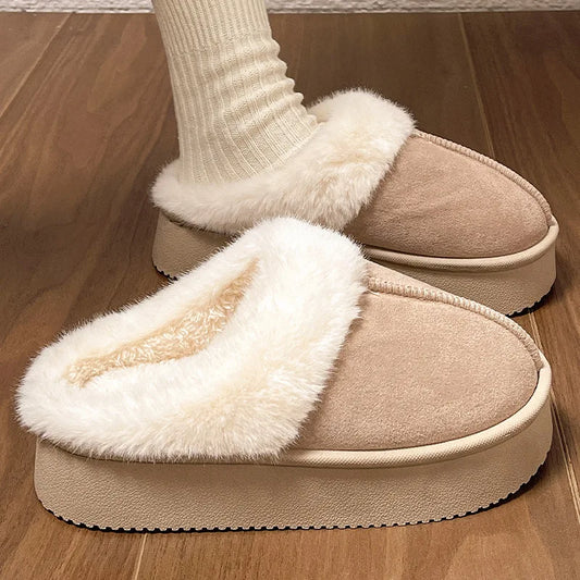 Women's Fluffy Slippers New Plush Warm Platform For Winter Indoor Semi-slippers Outdoor/Indoor Non-slip Cotton Shoes.