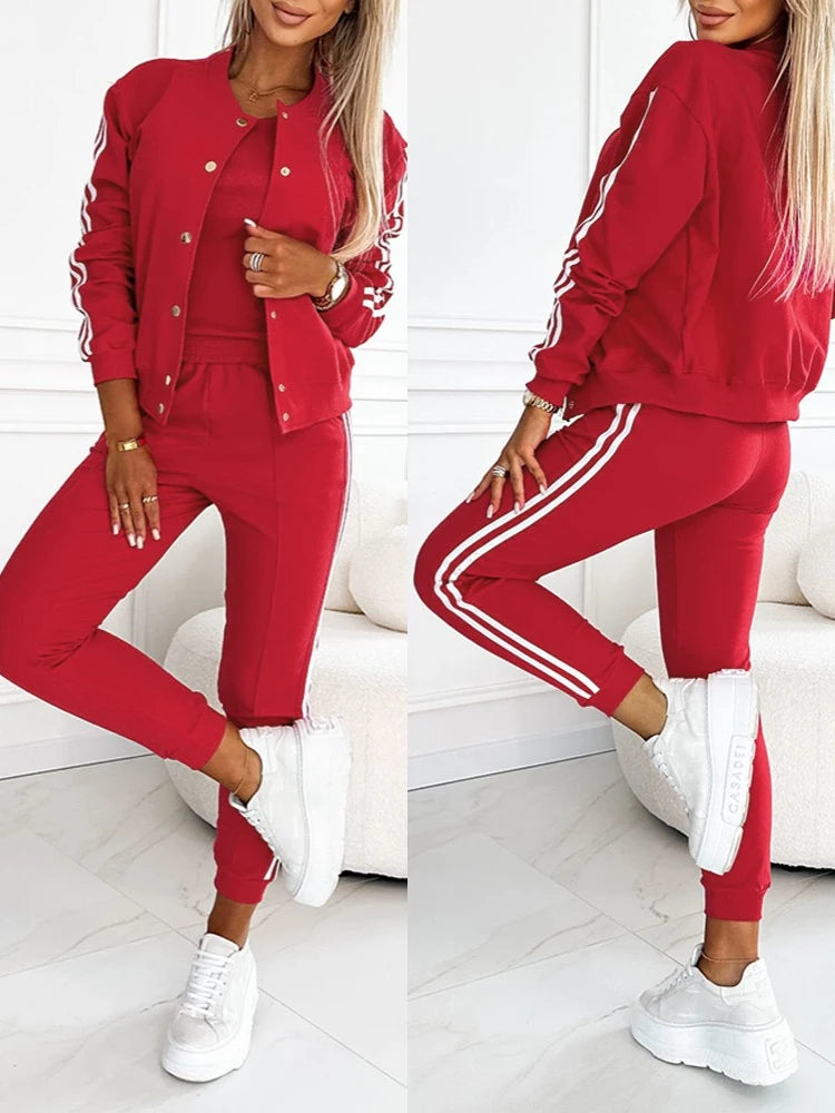 3 Piece Tracksuit Outfit Set Striped Cuffed Pants Tank Top with Pockets for Casual Wear.