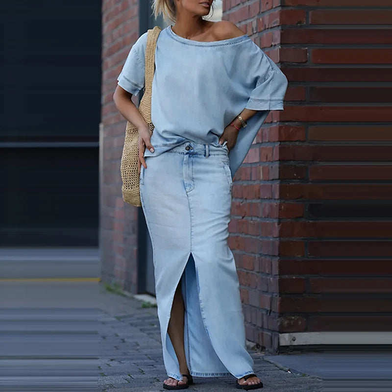 New Women's Two Piece Set Skew Collar Hollow Out Top Pullover & Split Skirt Outfit Simple Solid Outfit.