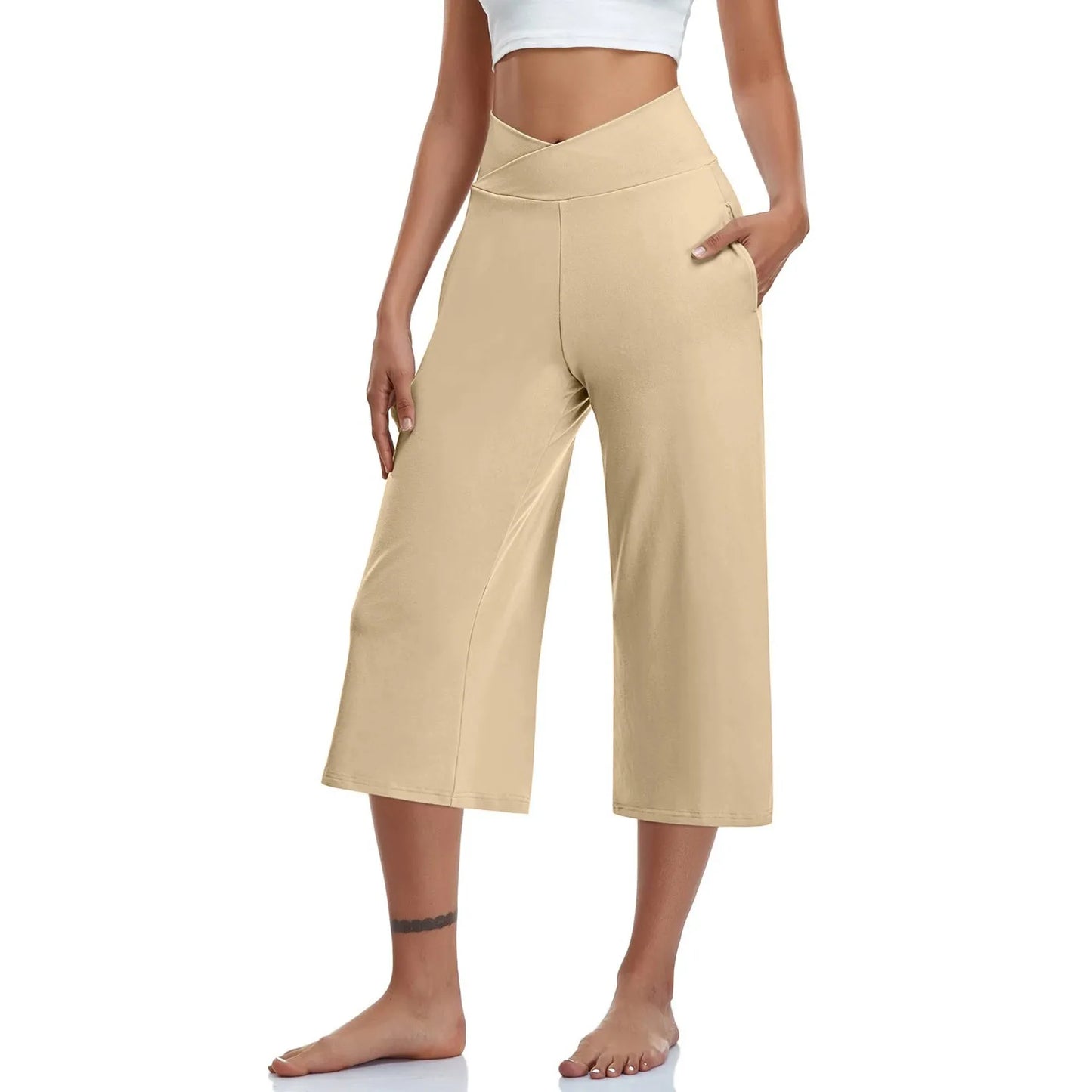 Spring and Summer Women Elastic High Waist 3/4 Pant Solid Casual Active Fit Wide Capri Leg Trousers With Pockets.  S-3X