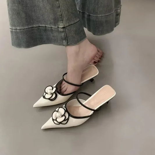 2025 Spring New French Style Elegant Flower Pointed High Heel Pearl Strap Slip On Shoe