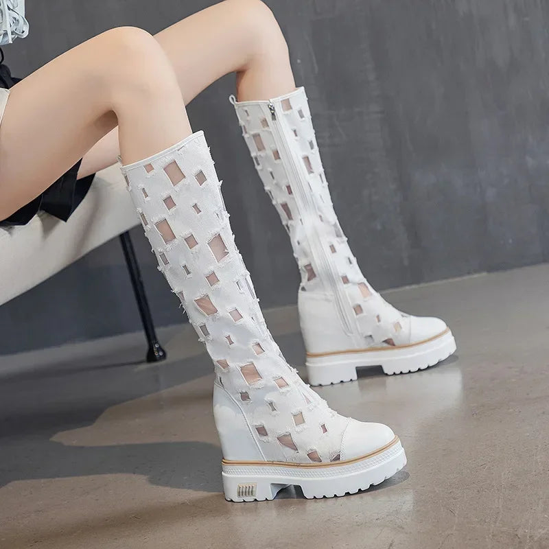 Trendy Boots for Women Summer Denim Canvas Thick Soled Breathable Hollow Mesh Inner Heightening