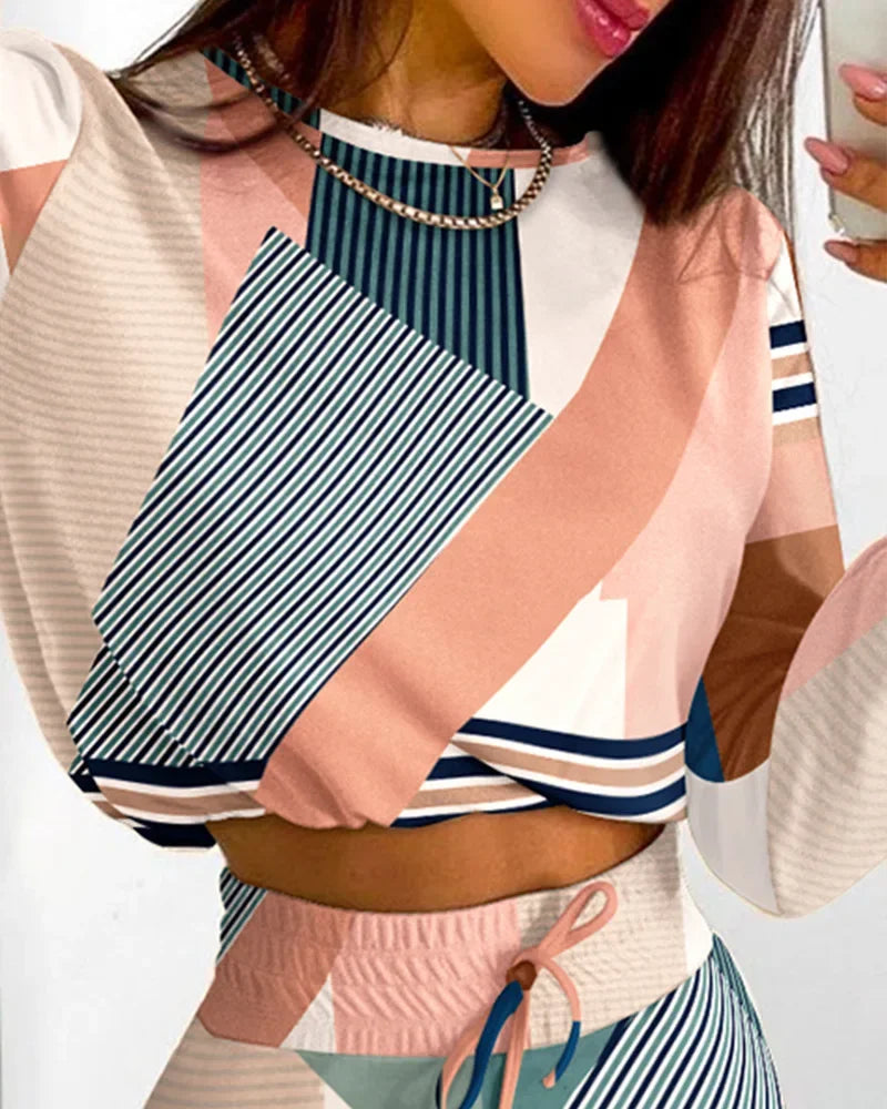 Spring Autumn Two Piece Set Casual Long Sleeve Top And Stripe Skirt Suit Outfit