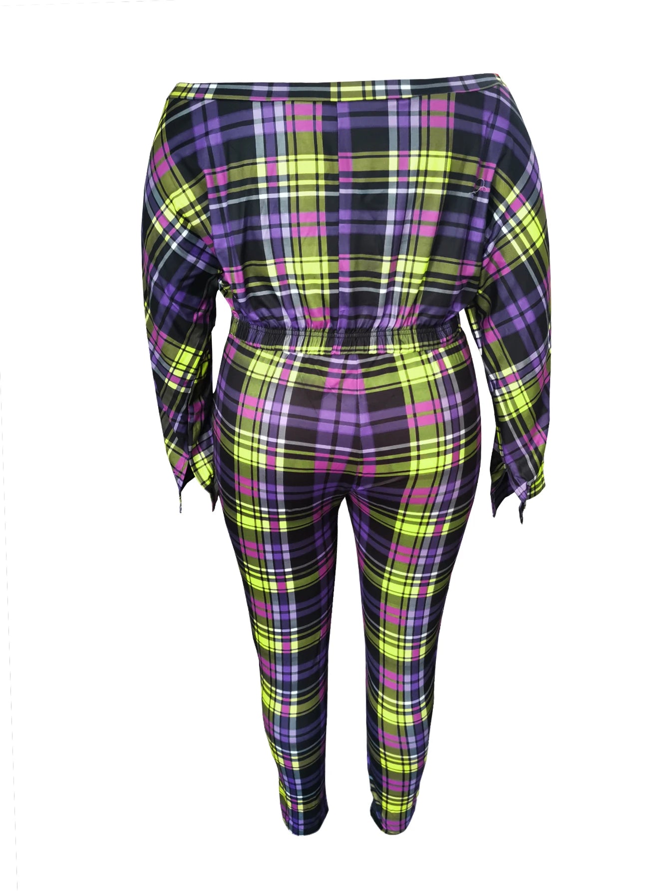 Plus Size Trendy Dew Shoulder Grid Print Purple Two-piece Pants Set Neck Bubble Sleeve Top