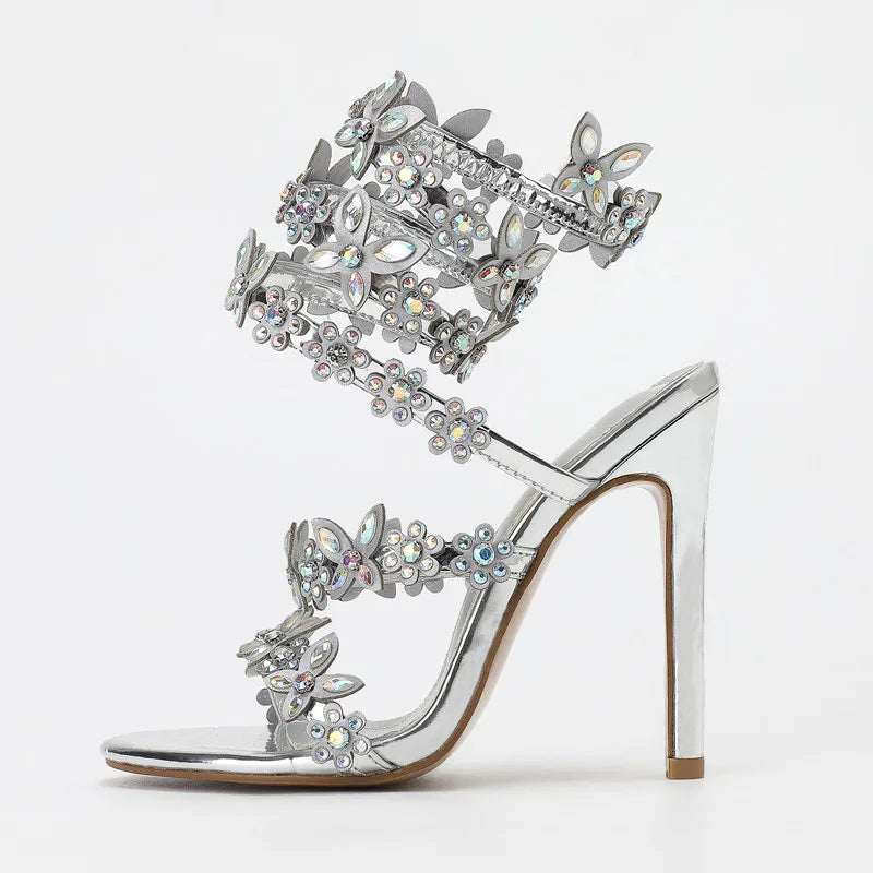 Women Flower Decor Heeled Sandals Fashion Open Toe Dressy Stylish Twine Stiletto Sandals Rhinestone Solid Colour Party Shoes