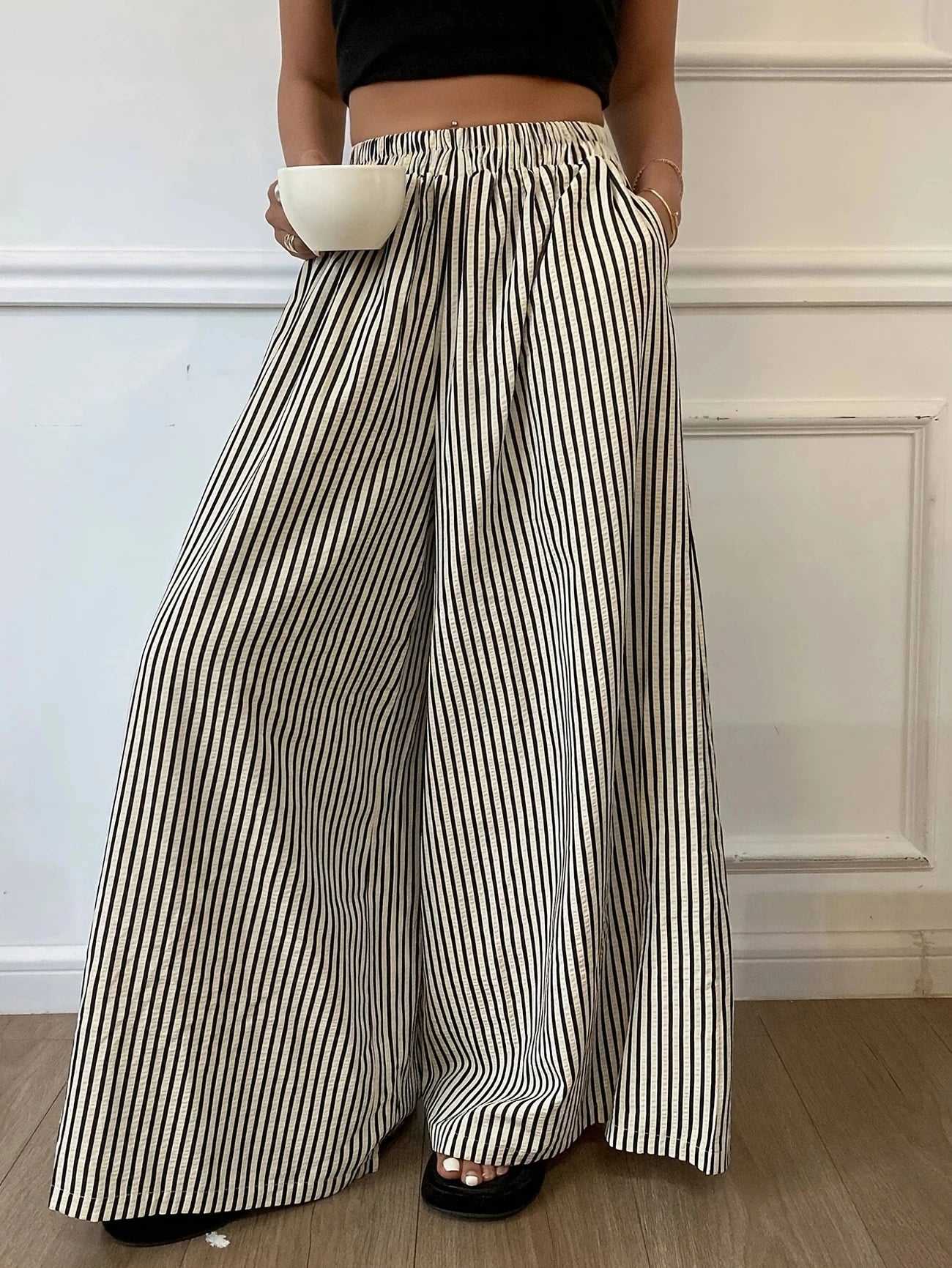 Plus size European style spring and summer striped pocket elasticated waist wide-leg trousers.  1X-5X