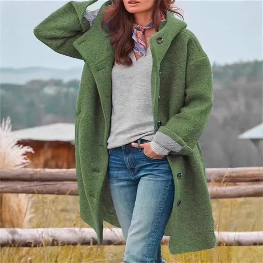 Ladies Retro Style Woolen Coat New Autumn Winter Fashion Outerwear Polyester Fiber Hooded Loose Fit Coat.  S-3X