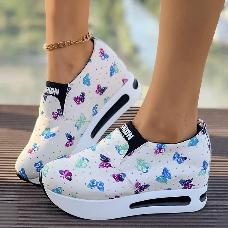 Great For Walking Butterfly Print Platform Sneakers Lightweight Slip On Great For Walking Thick Sole Non Slip Casual Shoe