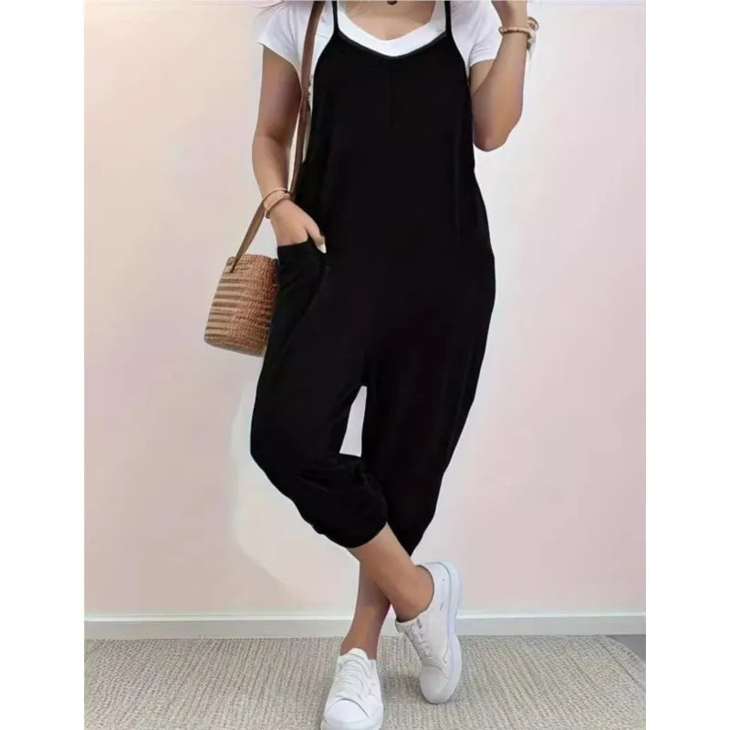 Women Solid Colour Pocket Jumpsuit 2025 Summer Simple Style Loose Casual Jumpsuit .  S-3X